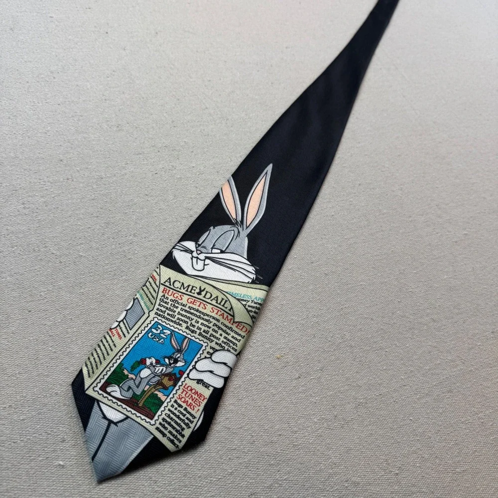 Looney Tunes OS Necktie Mens Black Bugs Bunny Stamp Collection Vintage 1997 ACME